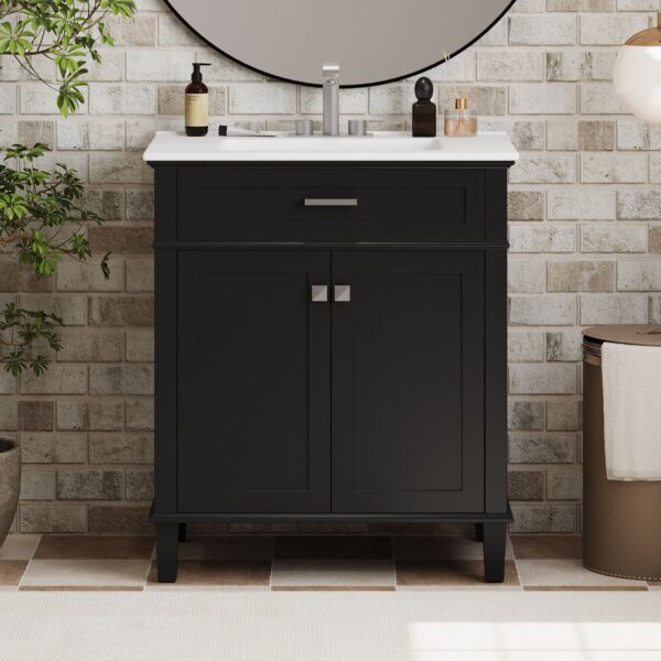 Bathroom Vanity With Ceramic Basin, Soft Close Door And Adjustable Shelves - Black