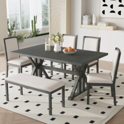 Topmax - 6 Piece Farmhouse Classical Dining Table Set With Trestle Legs, Kitchen Table Set For 6 With 4 Upholstered Dining Chairs And Bench - Gray