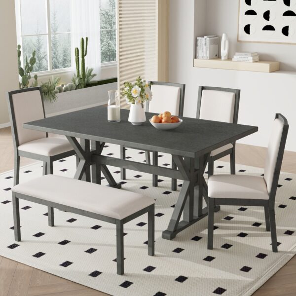 Topmax - 6 Piece Farmhouse Classical Dining Table Set With Trestle Legs, Kitchen Table Set For 6 With 4 Upholstered Dining Chairs And Bench - Gray