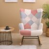 Accent Rocking Chair, Mid-Century Fabric Rocker Chair With Wood Legs And Patchwork Linen For Livingroom Bedroom - Pink - Image 3