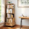 5 Tier Rotating Bookshelf With Wheels And Drawer, 360° Spinning Design, Space Saving Storage, For Home And Office, Wood - Oak - Image 9