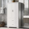 Tall Bathroom Storage Cabinet, With Two Doors And Drawers, Adjustable Shelf, MDF Board - White - Image 2