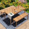 3 Pieces Acacia Wood Table Bench Dining Set For Outdoor & Indoor Furniture With 2 Benches, Picnic Beer Table For Patio, Porch, Garden, Poolside - Natural - Image 2