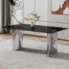 Modern Minimalist Dining Table Imitation Marble Glass With Metal Legs - Black - Image 2