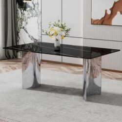 Modern Minimalist Dining Table Imitation Marble Glass With Metal Legs - Black