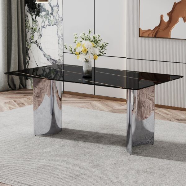 Modern Minimalist Dining Table Imitation Marble Glass With Metal Legs - Black