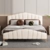 Queen Size Platform Bed With Thick, Stylish Stripe Decorated Bedboard And Elegant Leg - Beige - Image 12