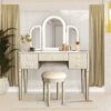 Mirrored Vanity With LED Light,Makeup Vanity Table Set - Champagne - Image 2
