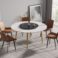 59.05" Modern Artificial Stone Round Golden Metal Dining Table, Can Accommodate 6 People Artificial Stone Turntable - White / Black