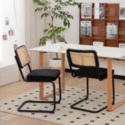 Dining Chairs, Velvet Rattan Side Accent Chairs With Painted Legs, Modern Mid - Century Breuer Designed Chairs, Upholstered Dining Living Room Kitchen Chairs (Set of 2) - Black