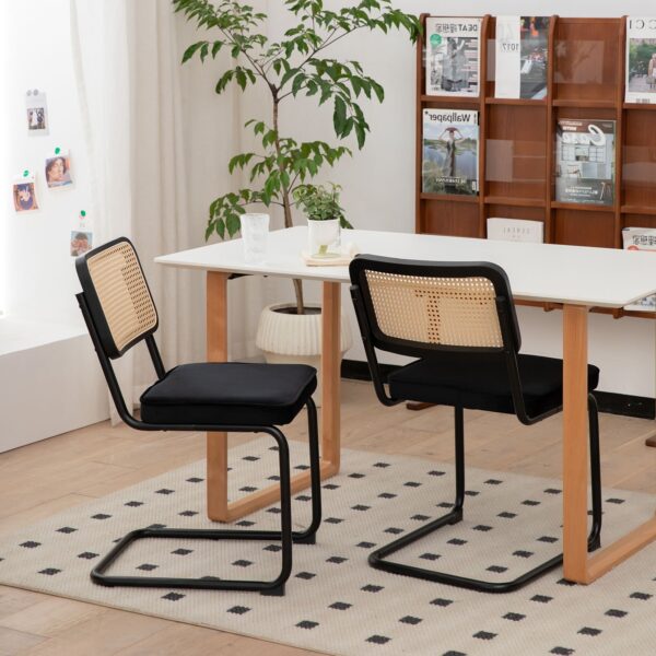 Dining Chairs, Velvet Rattan Side Accent Chairs With Painted Legs, Modern Mid - Century Breuer Designed Chairs, Upholstered Dining Living Room Kitchen Chairs (Set of 2) - Black