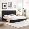 King Size Upholstered Platform Bed Frame With Linen Fabric Headboard, Wood Slat Support - Black - Image 2
