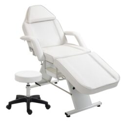 Massage Salon Tattoo Chair With Two Trays Esthetician Bed With Hydraulic Stool, Multi-Purpose 3-Section Facial Bed Table, Adjustable Beauty Barber Spa Beauty Equipment - White
