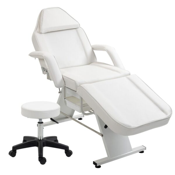 Massage Salon Tattoo Chair With Two Trays Esthetician Bed With Hydraulic Stool, Multi-Purpose 3-Section Facial Bed Table, Adjustable Beauty Barber Spa Beauty Equipment - White