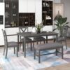 6 Piece Kitchen Dining Table Set Wooden Rectangular Dining Table, 4 Chairs And Bench Family Furniture - Gray - Image 3