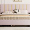 Queen Size Upholstered Platform Bed With 2 Drawers And 1 Trundle, Classic Strip Headboard Design - Pink - Image 13