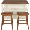 Solid Wood Rustic 3 Piece Stationary Kitchen Island Set With 2 Seatings, Rubber Wood Butcher Block Dining Table Set Prep Table Set With 2 Open Shelves For Small Places - Walnut / Cream White - Image 11