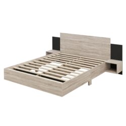 Queen Size Floating Platform Bed, With LED Lights, Bedside Nightstand - Natural