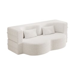 Modern Floor Sofa With 2 Pillows, Convertible Teddy Fabric Foam Filled Sleeper Sofa Bed, Full Size Folding Mattress For Living Room Guest Bed, Playroom, No Assembly Required - Beige