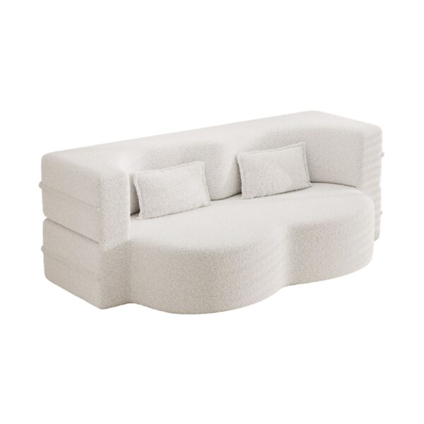 Modern Floor Sofa With 2 Pillows, Convertible Teddy Fabric Foam Filled Sleeper Sofa Bed, Full Size Folding Mattress For Living Room Guest Bed, Playroom, No Assembly Required - Beige