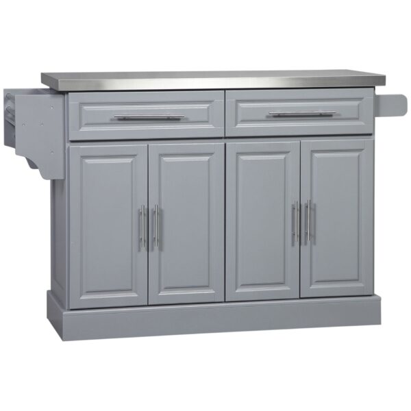 Homcom - Rolling Kitchen Island With Storage, Portable Kitchen Cart With Stainless Steel Top, 2 Drawers, Spice, Knife And Towel Rack And Cabinets - Gray