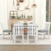 Retro Style 7 Piece Dining Table Set With Extendable Table And 6 Upholstered Chairs - Gray / White - Image 4