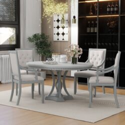 5 Piece Dining Set Retro Extendable Round Table And 4 Chairs For Kitchen Dining Room - Antique Gray Oak