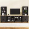Farmhouse TV Stand With Solid Wood Gourd Shaped Legs For TVs Up To 70", Entertainment Center With Bookshelves & Tempered Glass Doors, Media Console With Adjustable Shelves, Living Room - Black / Natural - Image 5