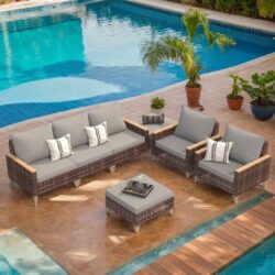 Rattan Terrace Furniture Set, 5 Piece, 7 Seats Cushions, Wooden Armrests, High Footed Design - Gray