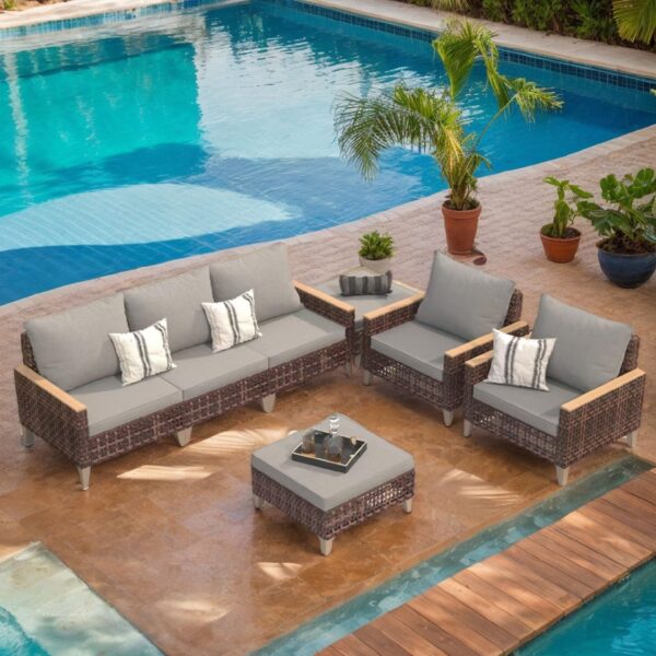 Rattan Terrace Furniture Set, 5 Piece, 7 Seats Cushions, Wooden Armrests, High Footed Design - Gray