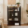 Modern Minimalist Tall Lighted Display Cabinet With Tempered Glass Door - Black / Dark Walnut - Image 8
