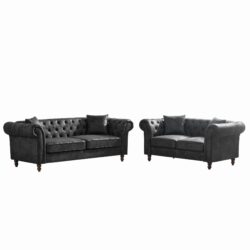 Chesterfield 3 And 2 Seater Sofa Set, High Tech Fabric, Roll Armrest, Upholstered Mid Century Modern Couch - Black