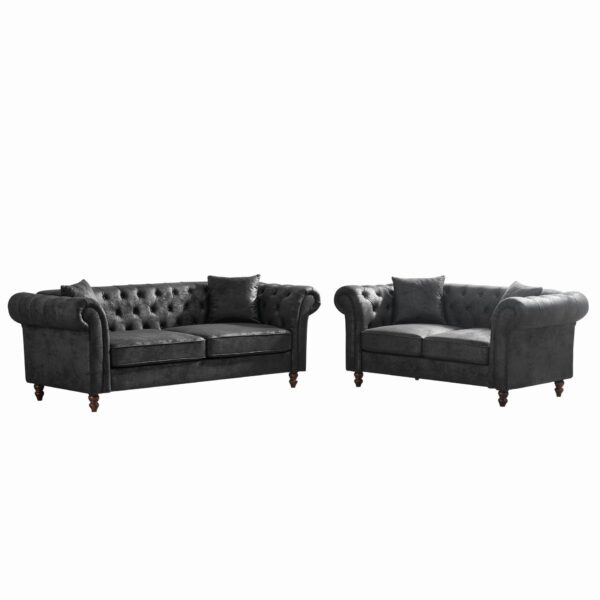 Chesterfield 3 And 2 Seater Sofa Set, High Tech Fabric, Roll Armrest, Upholstered Mid Century Modern Couch - Black