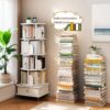 5 Tier Rotating Bookshelf With Wheels And Drawer, 360° Spinning Design, Space Saving Storage, For Home And Office - White - Image 8