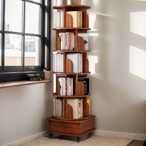6 Tier Rotating Bookshelf With Wheels, 360° Wood Corner Bookcase Organizer For Small Spaces - Walnut Brown