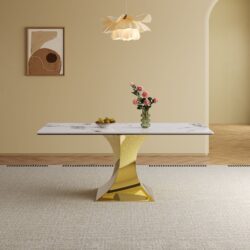 Modern Rectangular Dining Table For 6 - 8, Plated Hourglass Base, Sintered Stone Top - Gold / White