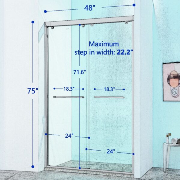 Double Sliding Shower Door Aluminium Alloy Frame, 5 / 16" (8Mm) Thick Sgcc Tempered Clear Glass - Chrome