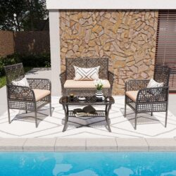 Rattan Wicker Patio Furniture Set With Tempered Glass Table And Cushions, 4 Pieces - Beige