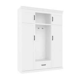 Hall Tree With Bench And 3 Hooks, Modern Entryway Storage Organizer Cabinet With 4 Doors, 1 Drawer And Adjustable Shelves For Hallway, Entryway, Living Room - White