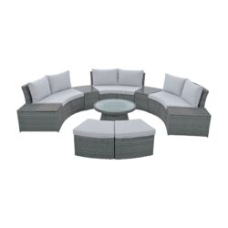 10 Piece Outdoor Sectional Half Round Patio Rattan Sofa Set, Wicker Conversation Furniture Set For Free Combination - Light Gray
