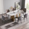 63" Artificial Stone Pandora White Curved Golden Metal Leg Dining Table, 6 People - Antique White / Gold - Image 14