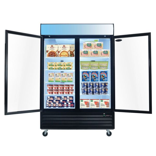 Glass Door Merchandiser Freezer 44.7 Cu.Ft Swing Door Commercial Reach-In Display Freezers With LED Top Panel Upright Freeze Storage - Black