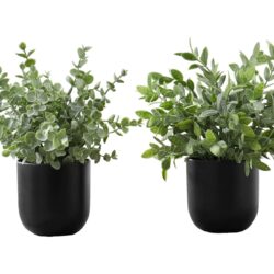 11" Tall, Artificial Plant, Eucalyptus Grass, Indoor, Faux, Fake, Table, Greenery, Potted, Decorative (Set of 2) - Green / Black