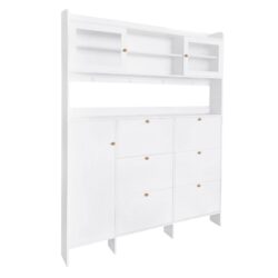 Multifunctional Tipping Bucket Shoe Cabinet With Storage Shelf & 6 Flip Drawers, Large Hall Tree With Tempered Glass Doors, Foyer Cabinet With 4 Hooks For Hallway - White