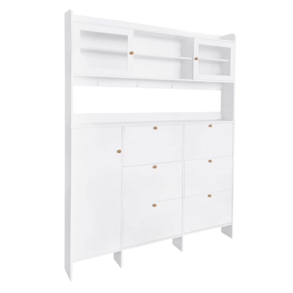 Multifunctional Tipping Bucket Shoe Cabinet With Storage Shelf & 6 Flip Drawers, Large Hall Tree With Tempered Glass Doors, Foyer Cabinet With 4 Hooks For Hallway - White