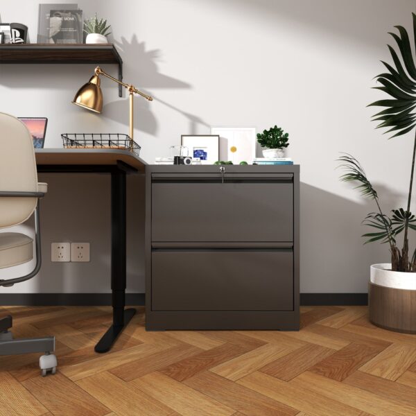 Premium 2 Drawer Metal Lateral File Cabinet With Lock Steel Wide Horizontal Filing Cabinets For Home Office - Black