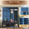 Farmhouse Hall Tree With 4 Hidden Hanging Hooks, Versatile Seating Bench With 8 Doors, Entryway Shoe Cabinet With Open Compartments For Living Room - Blue - Image 8
