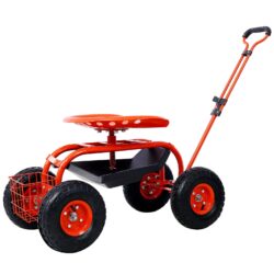 Rolling Garden Scooter Cart Seat With Wheels, 360 Swivel Seat, Tool Tray Steel - Red