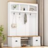 Farmhouse 4 In 1 Hall Tree With Wood Grain Bench And Top, Multifunctional Coat Rack With Hooks And Shell Handles, Mudroom Bench With Adjustable Shelves For Hallway, Living Room - White - Image 2
