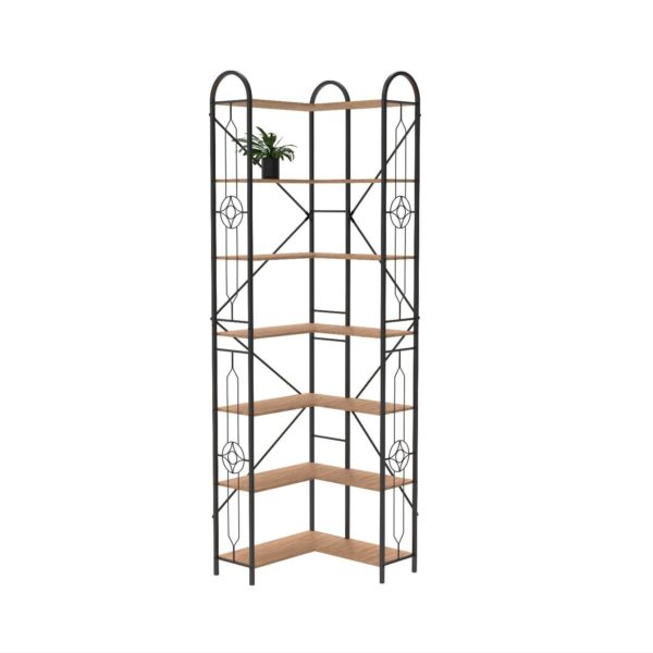 Modern 7 Shelf Bookcase With Thickened Iron Frame And Laminate - Brown